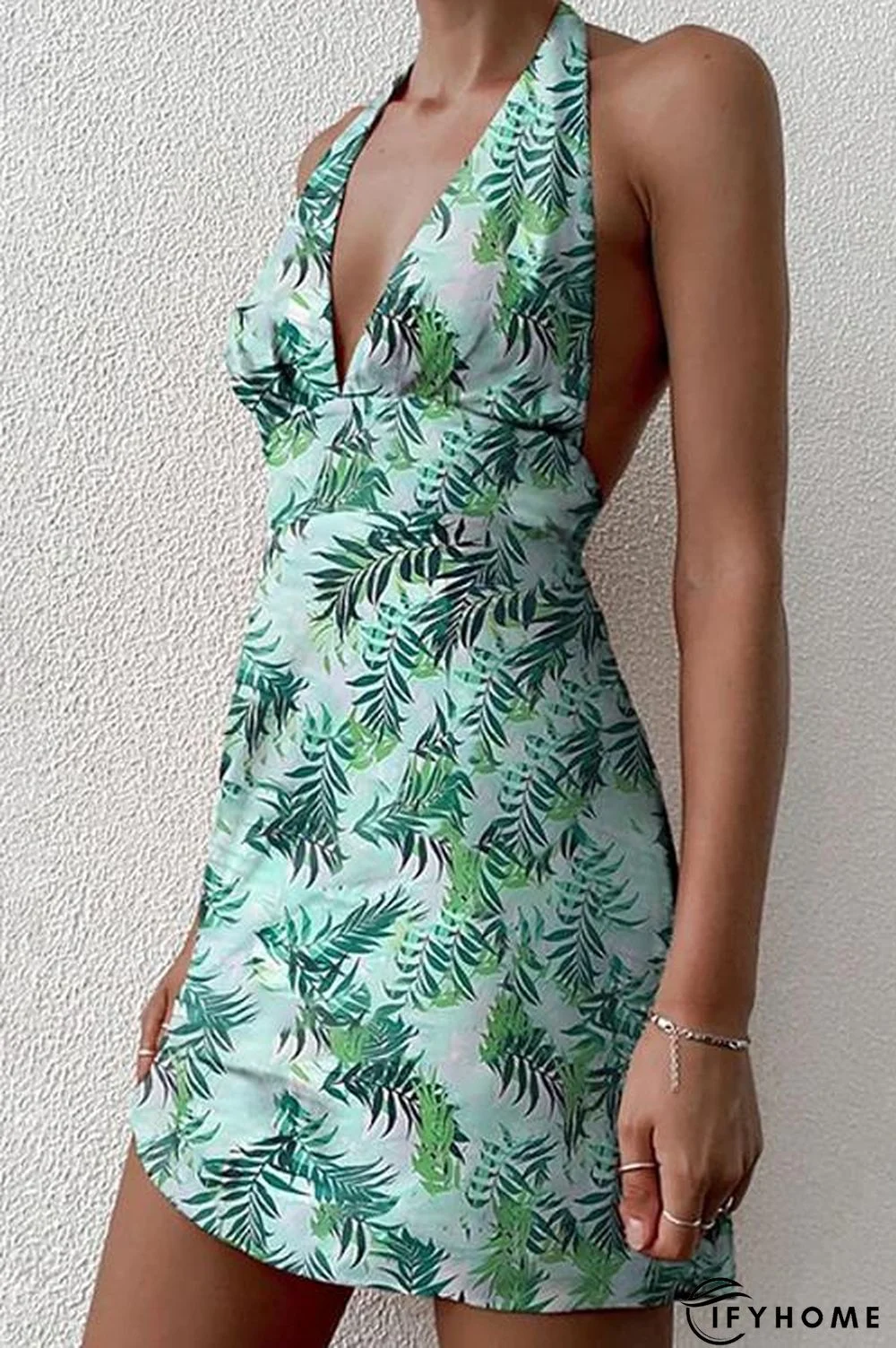 Print Halter Neck Backless Mini Dress | IFYHOME