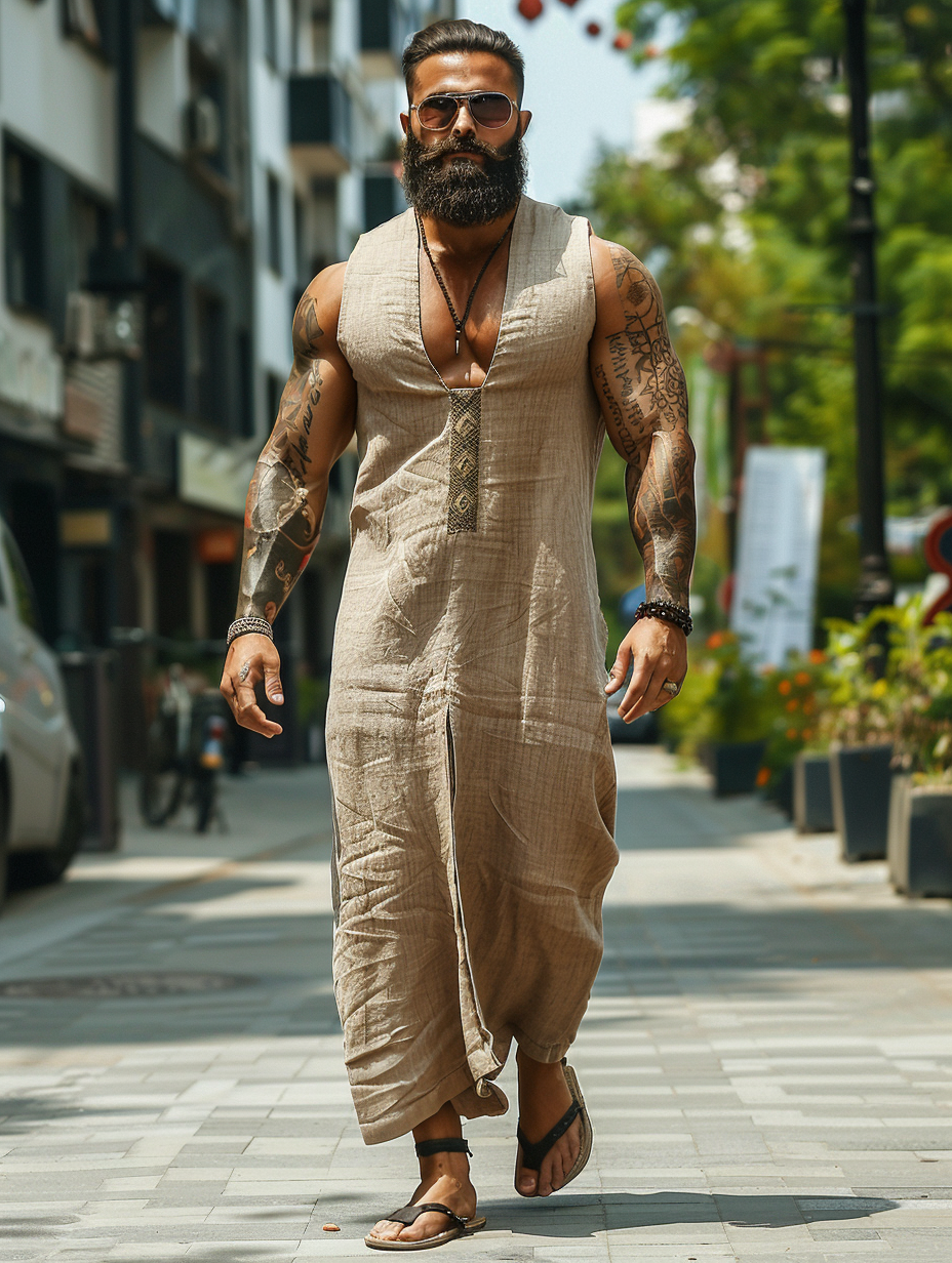 Linen color Men Cotton Kaftan Long Caftan