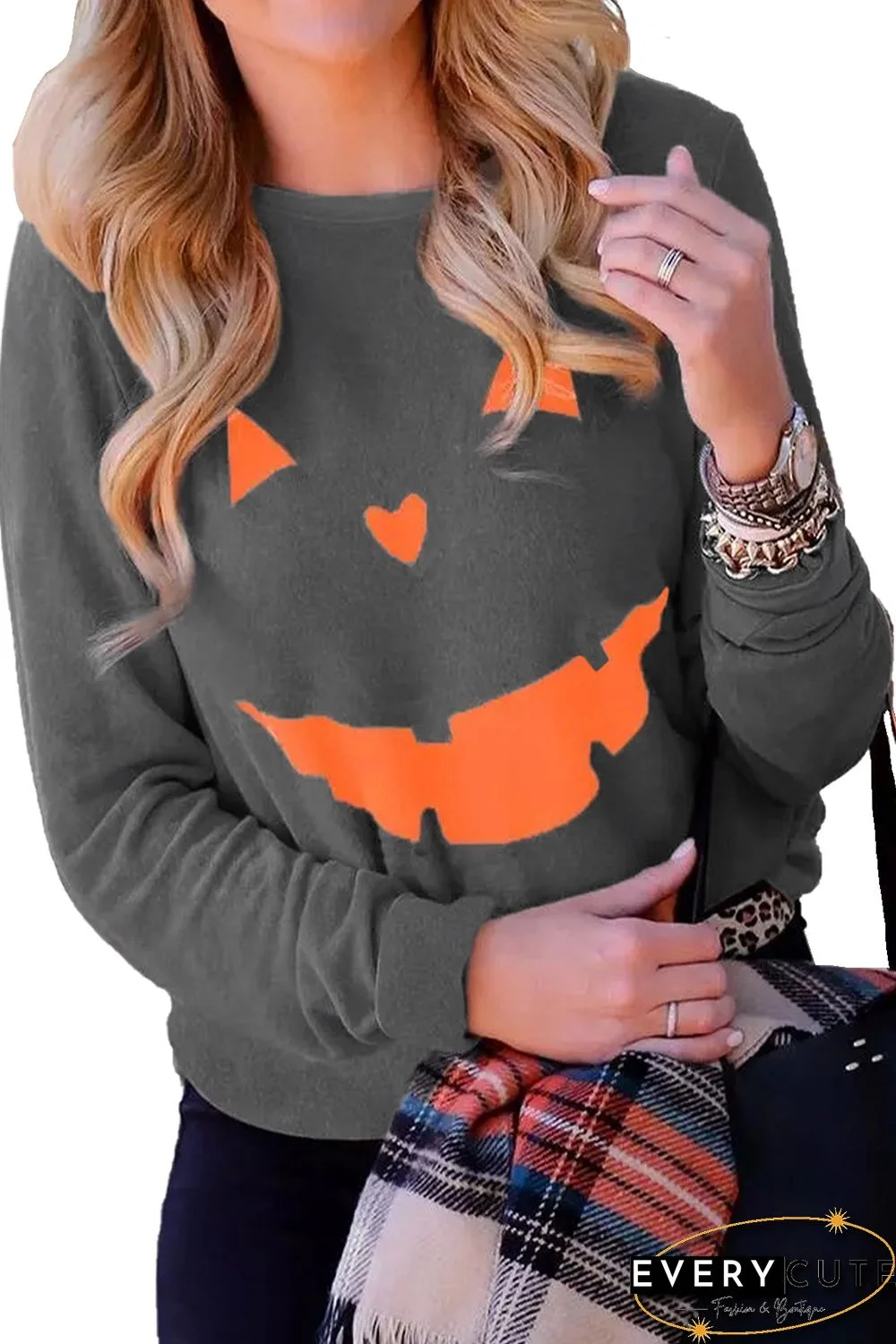 Gray Halloween Pumpkin Print Pullover Sweatshirt