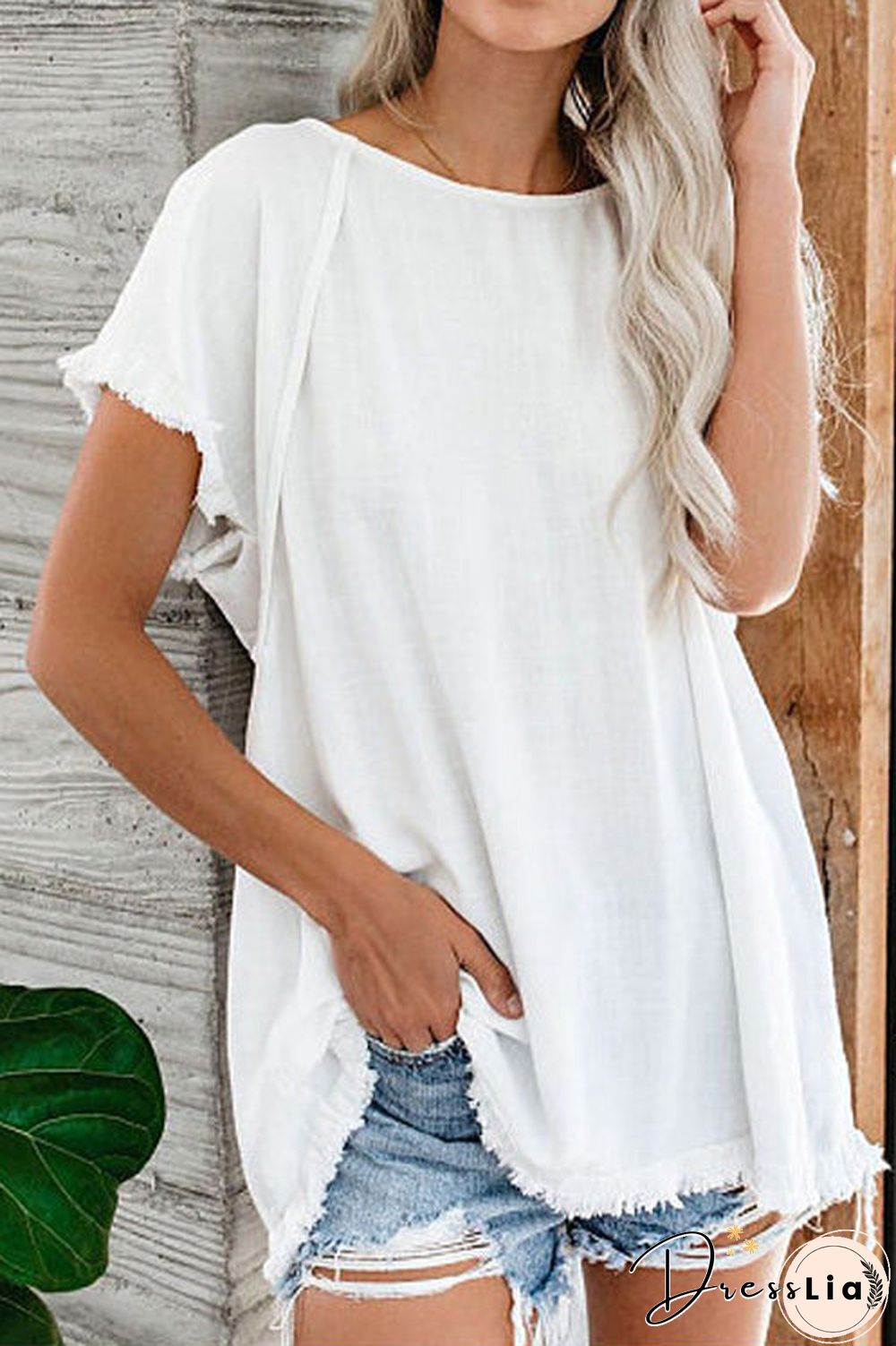 Raw Edge O Neck Short Sleeve T Shirt