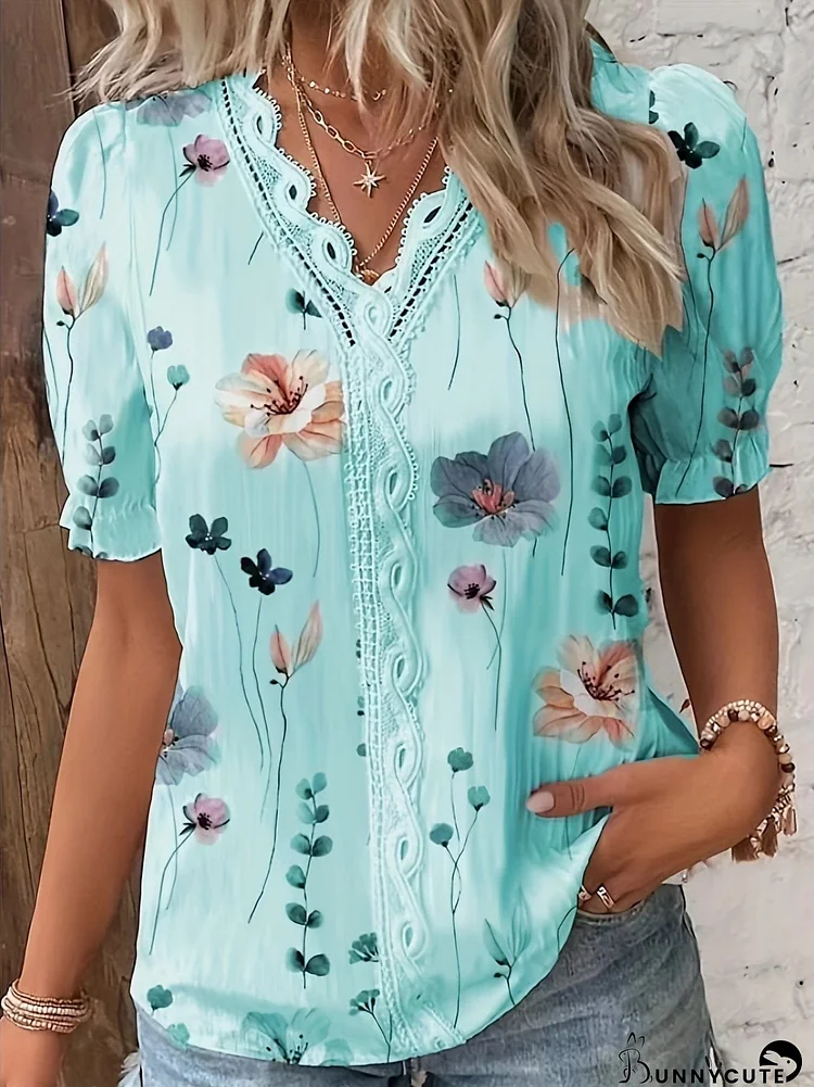 Floral Print V Neck Lace Trim Blouse, Boho Puff Sleeve Blouse For Summer, Women's Clothing