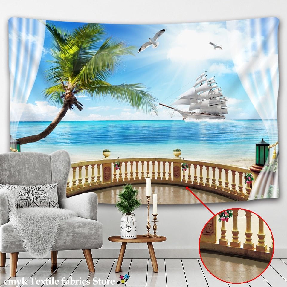 seaview room Tapestry Sea Coconut Tree Wall Hanging Beach Tapestries 3D Printed Large Wall Tapestry Boho Hippie Home Decor