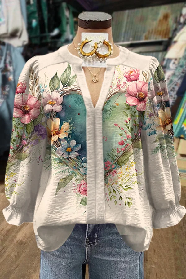 Vintage Heart Floral Print V Neck Cuff Top
