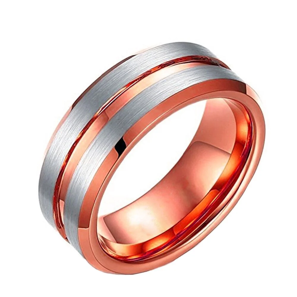 6MM 8MM Rose Gold Grooved Womens Tungsten Rings Silver Brushed Surface