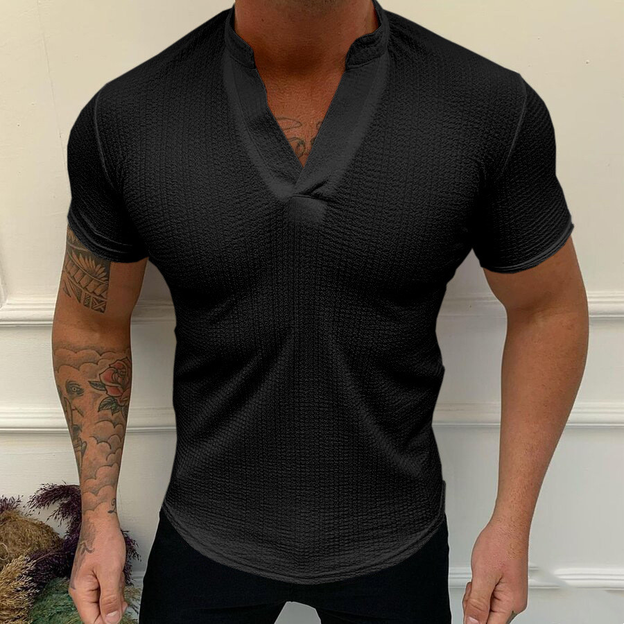 Mature Men V-neck Solid Color Slim Short Fashion T-shirt Tops