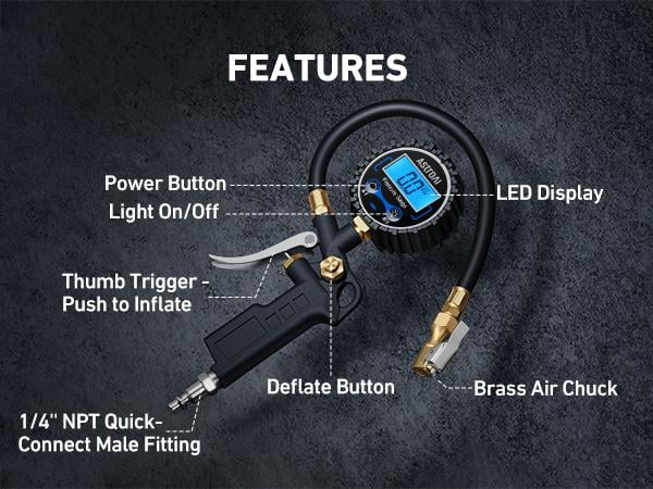 Product Introduction of AstroAI Digital Tire Pressure Gauge with Inflator, 250 PSI Air Chuck & Compressor Accessories, 0.1 Display Resolution, Car Accessories #springtok 1