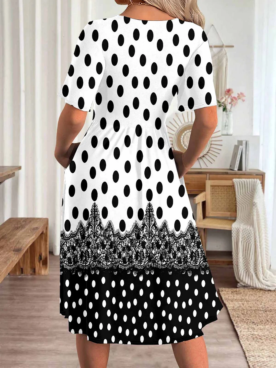 Women Polka Dot,White DZHA8020 Short Sleeve Scoop Neck Graphic Printed Hollow Midi Dress