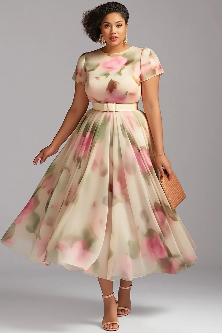 Xpluswear Design Plus Size Wedding Guest Multicolor Floral Round Neck Short Sleeve Wrap Elegant Pocket Chiffon Midi Dresses [Pre-Order] 2024 - Xpluswear