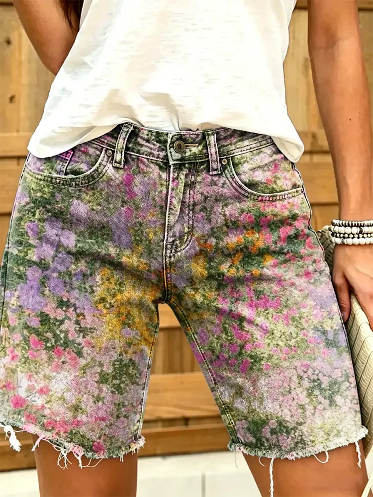 Women's Vintage Oil Painting-Style Colorful Floral Print Casual Washed Cotton Denim Shorts