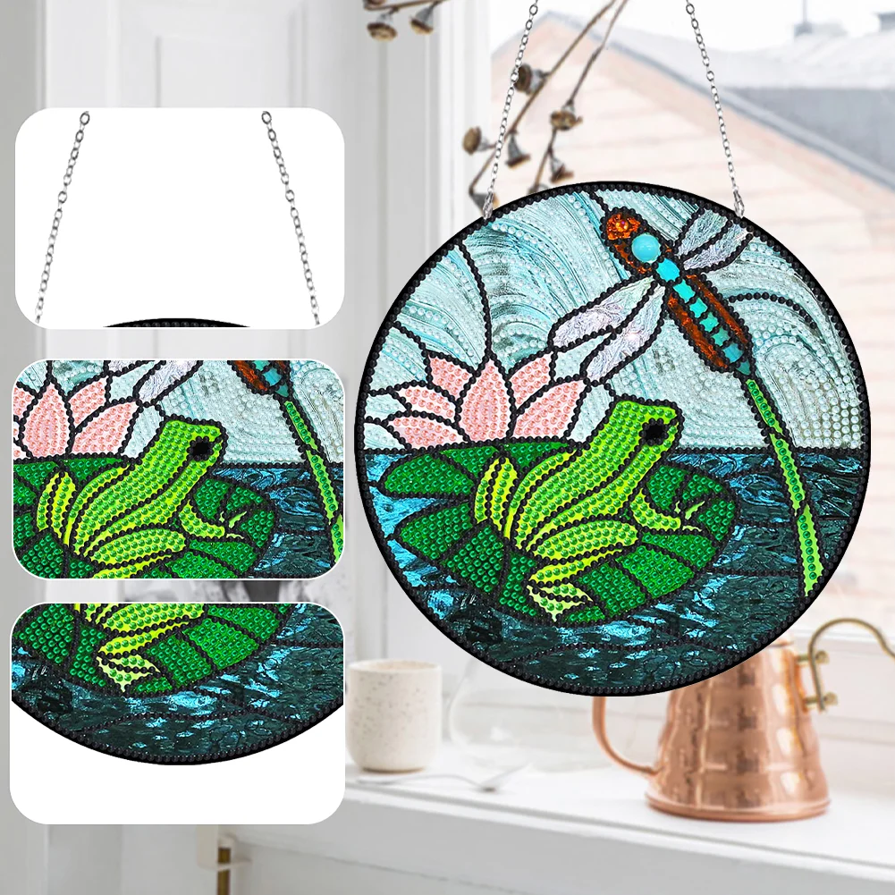 DIY Diamond Drawing Pendant Colored Imitation Glass Art (Dragonfly and Frog)