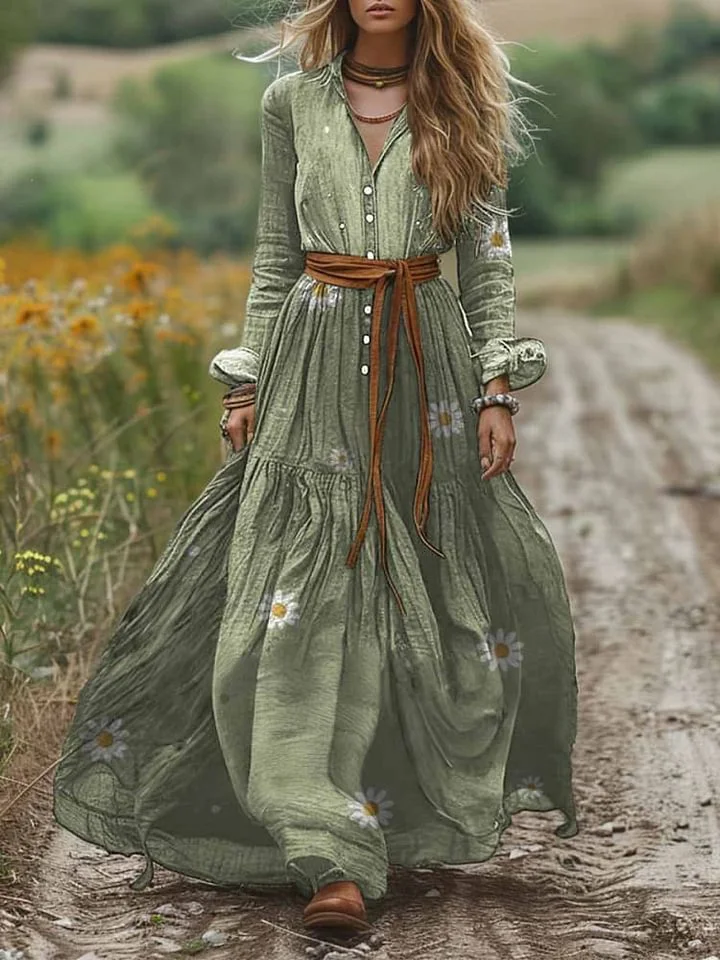 Women's Shirt Collar Long Sleeves Position Print Pocket Cotton Dress