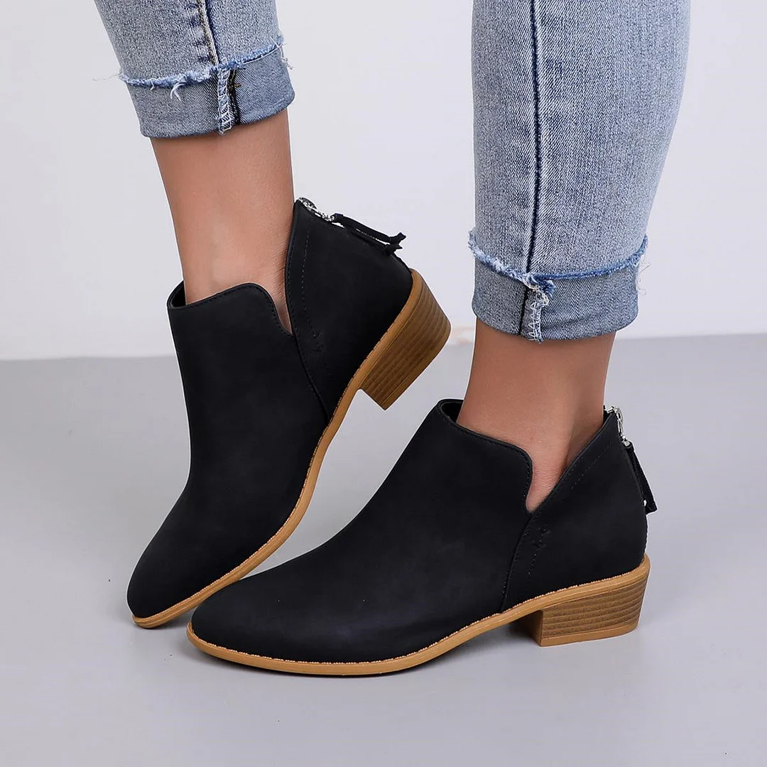 Women plus size clothing British Style Pointed Toe Casual Back Zip Low Heel Chunky Heel Booties-Nordswear