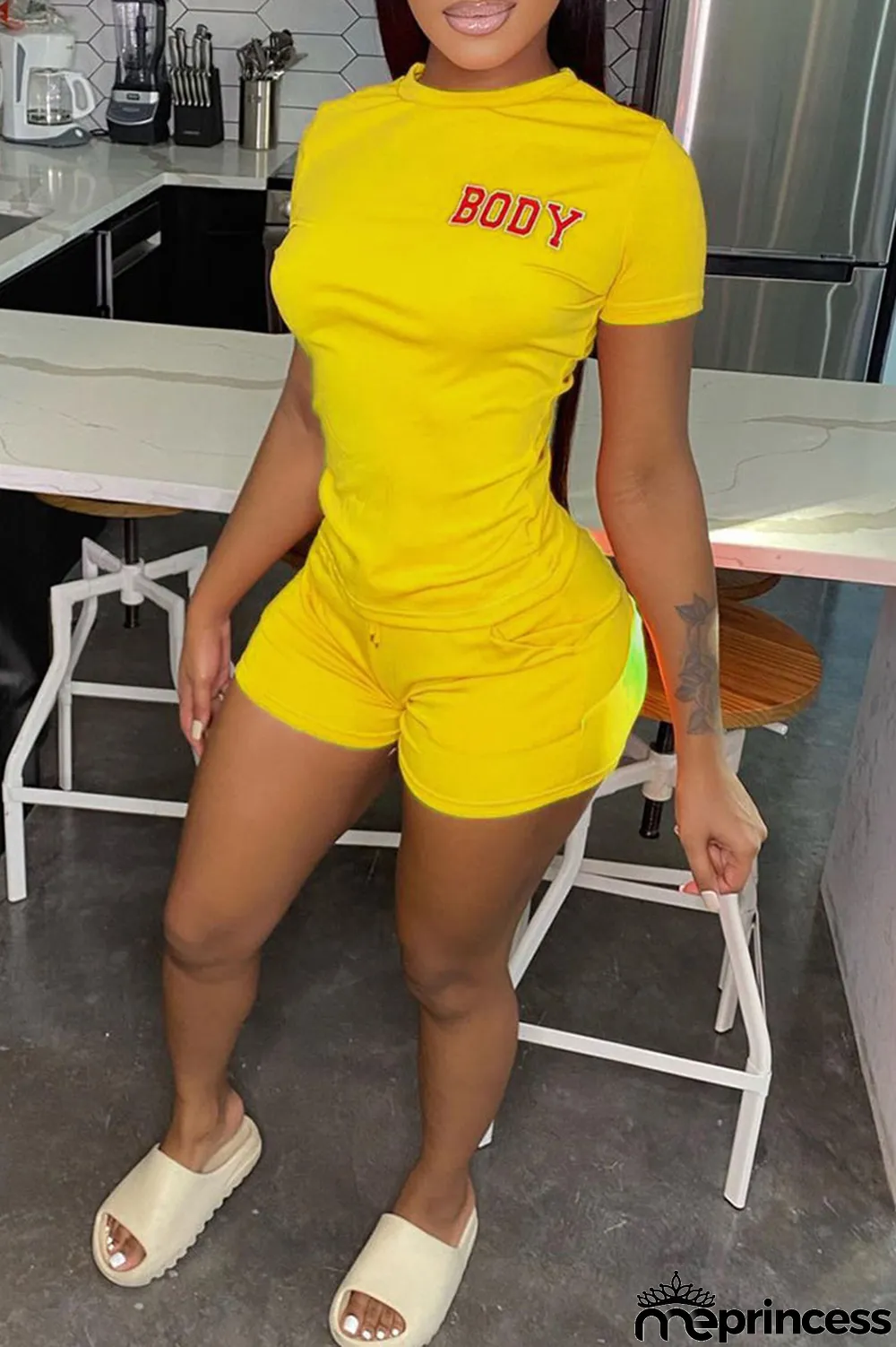 Black Fashion Casual Letter Print Basic O Neck Short Sleeve Two Pieces