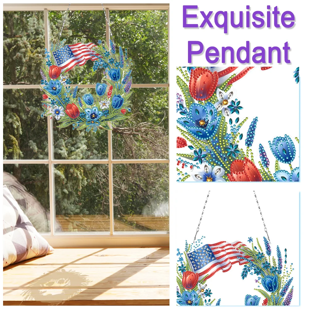 DIY Independence Day Wreath 5D Diamond Painting Dots Pendant for Window Wall