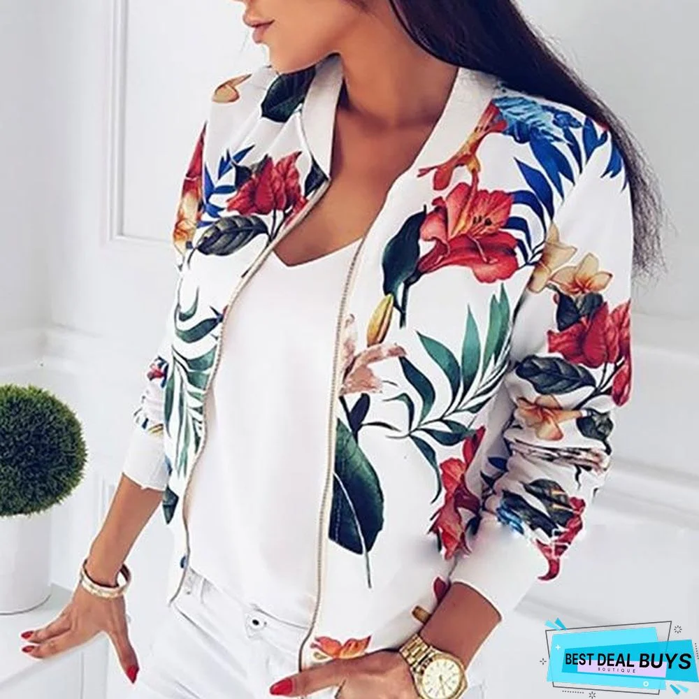 Women Coat Retro Floral Print Zipper Up Jacket Casual Coat Long Sleeve Outwear Women Basic Jacket Bomber