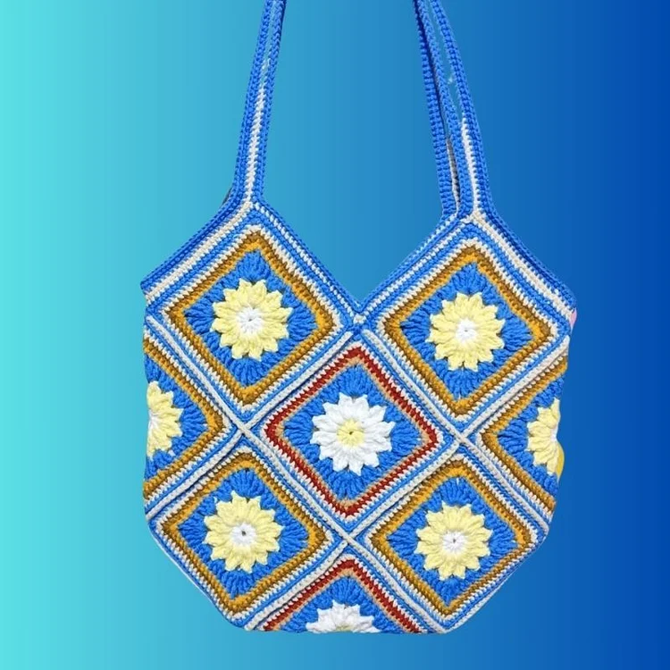 Lulusnow Handmade Blue Granny Square Crochet Tote Bag Shoulder Bag 