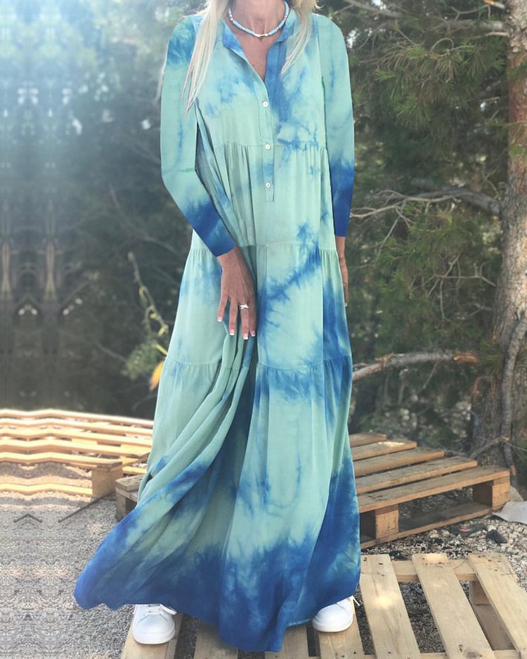 Printed Fashion Slim Lapel Long Sleeve Dress