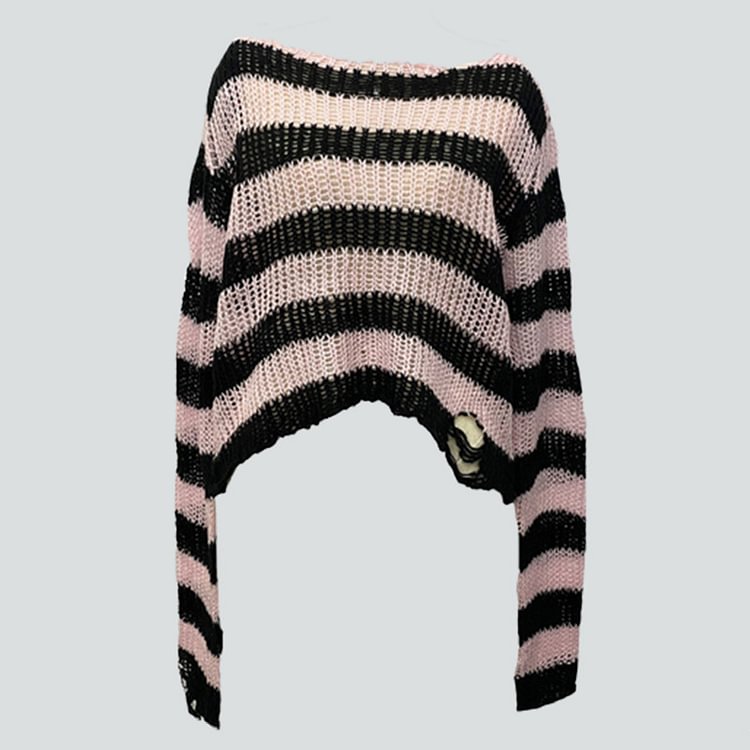 Casual Striped Colorblock Hole Ripped Short Sweater - Modakawa Modakawa