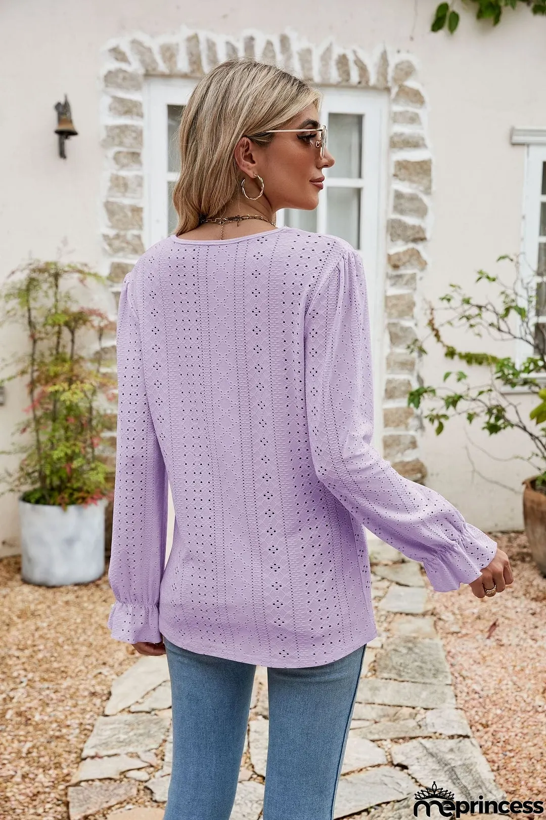 Eyelet Lace Trim Flounce Sleeve Blouse