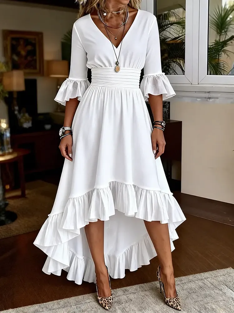 Women's Casual Cotton V-neck With Ruffles Dress