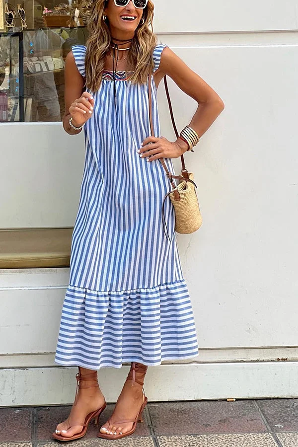 Mily Stripe Printed Patchwork Back Knotted Ruffle Midi Dress