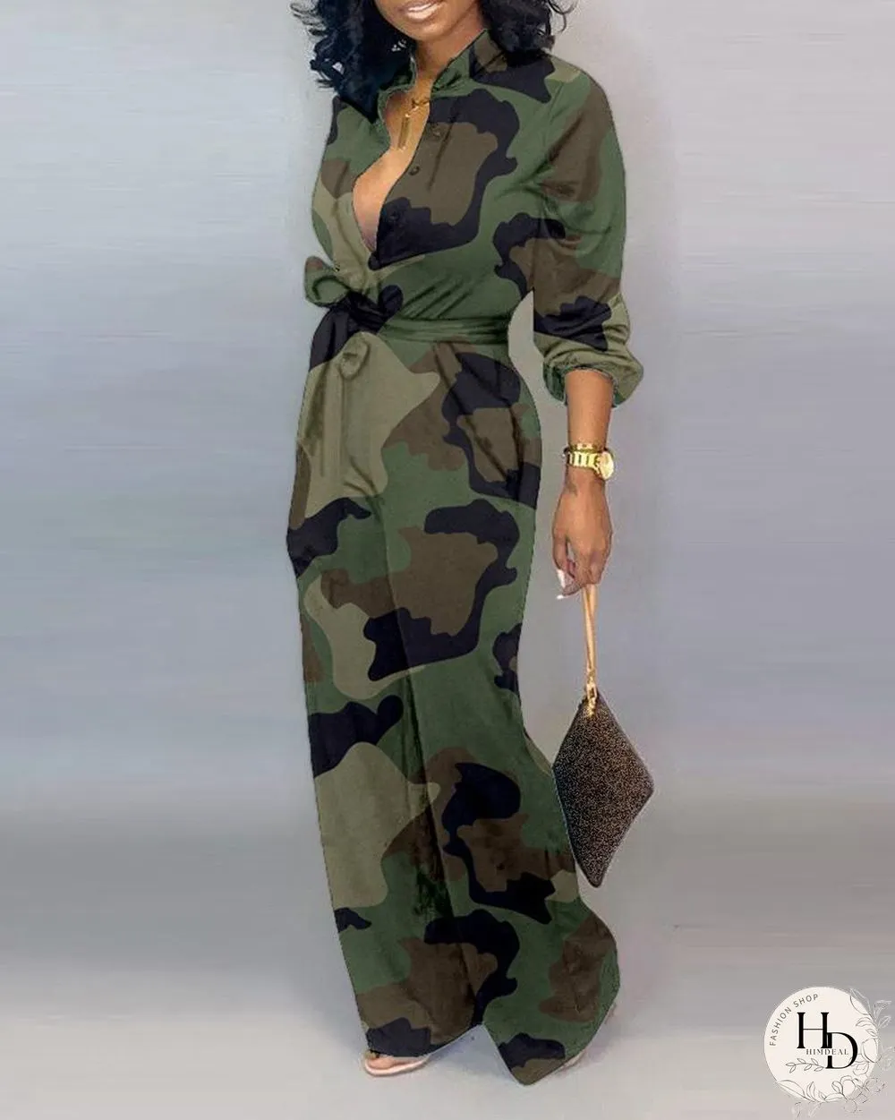 V Neck Camouflage Print Buttoned Jumpsuit P16118