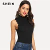 SHEIN Black Elegant Solid Button Scallop Trim Keyhole Back Stand Collar Tank Summer Women Sexy Casual Vest