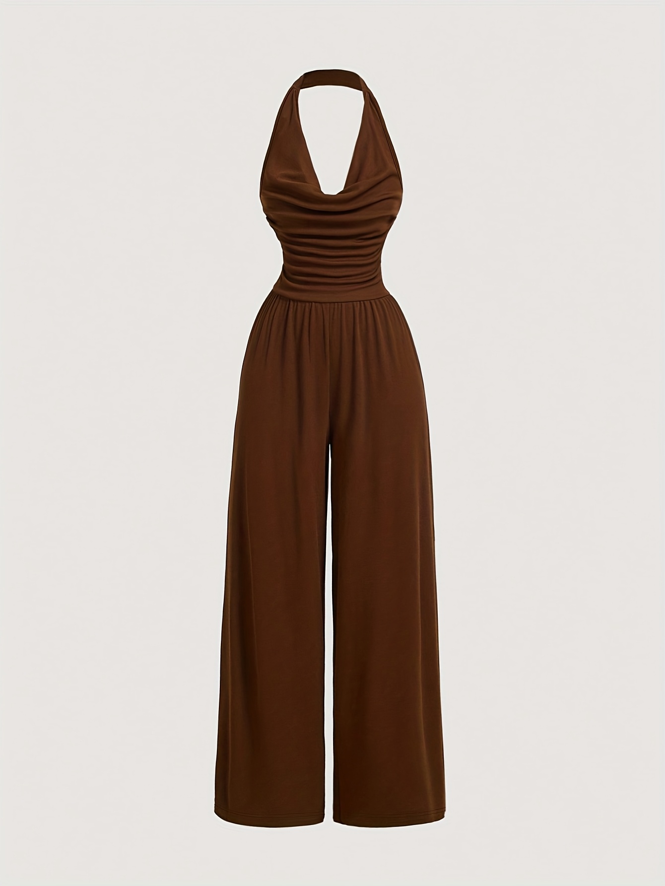 Women's Chic Sleeveless Halter Neck Jumpsuit - Elegant Brown Formal & Casual Outfit, Stretchy High-Waisted Pants, Machine Washable Clothing For Parties, Office, Casual Attire, Party Attire, Flattering Fit, Sophisticated Style, Nontransparent Fabric | IFYHOME