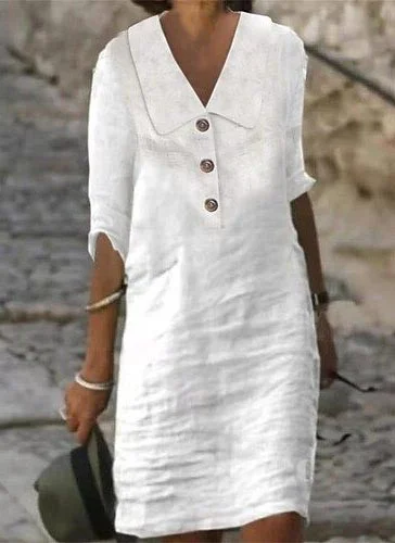 Solid Color Cotton and Linen Button Casual V-neck Dress