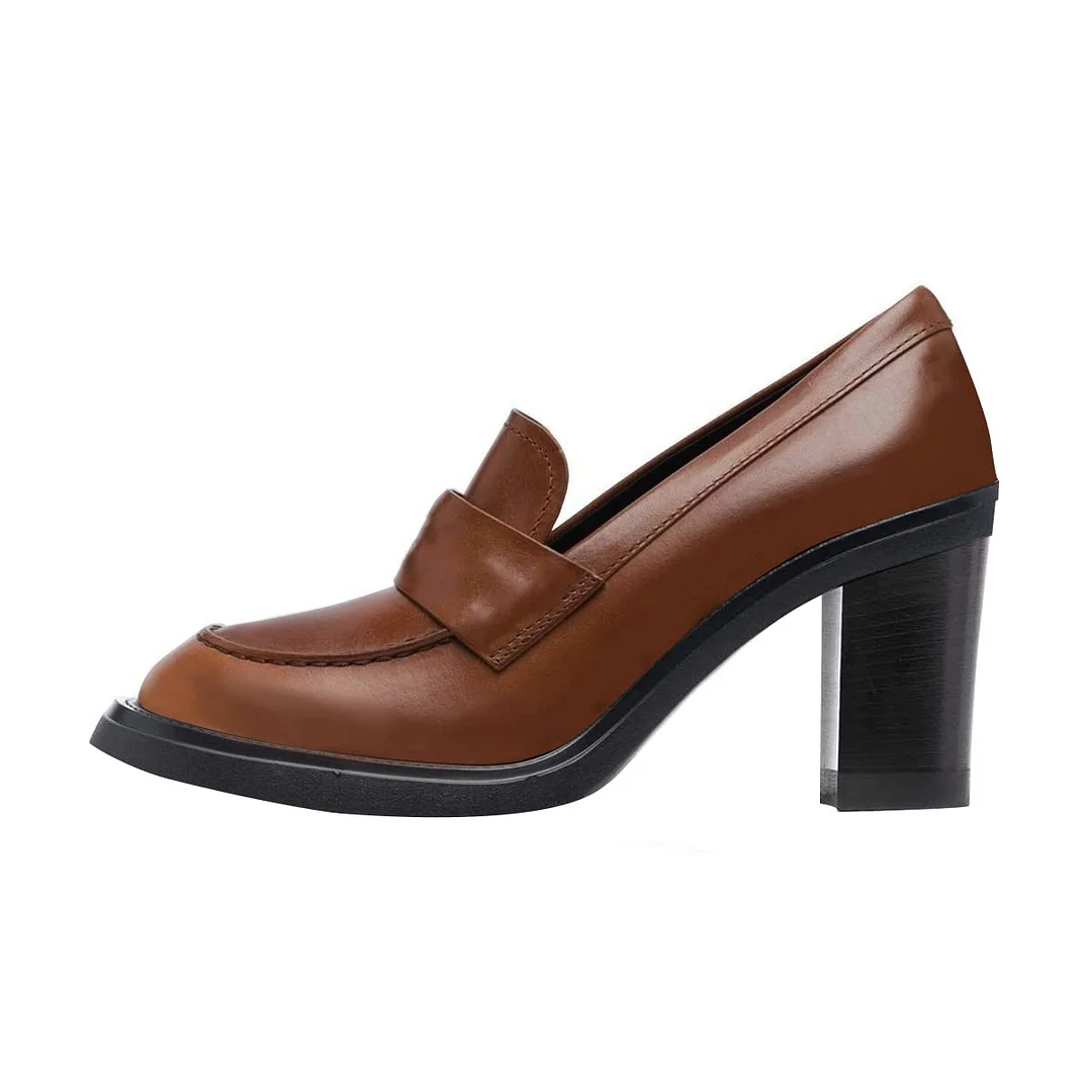 Women's Brown Vegan Leather Round Toe Classy Loafers with Block Heel