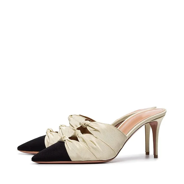 Champagne & Black Pointed Toe Knotted Mule Heels |FSJ Shoes