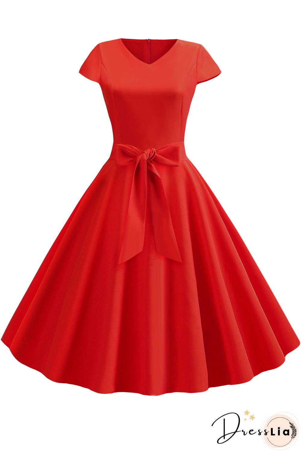Vintage Hepburn V-neck Bowknot Swing Dress