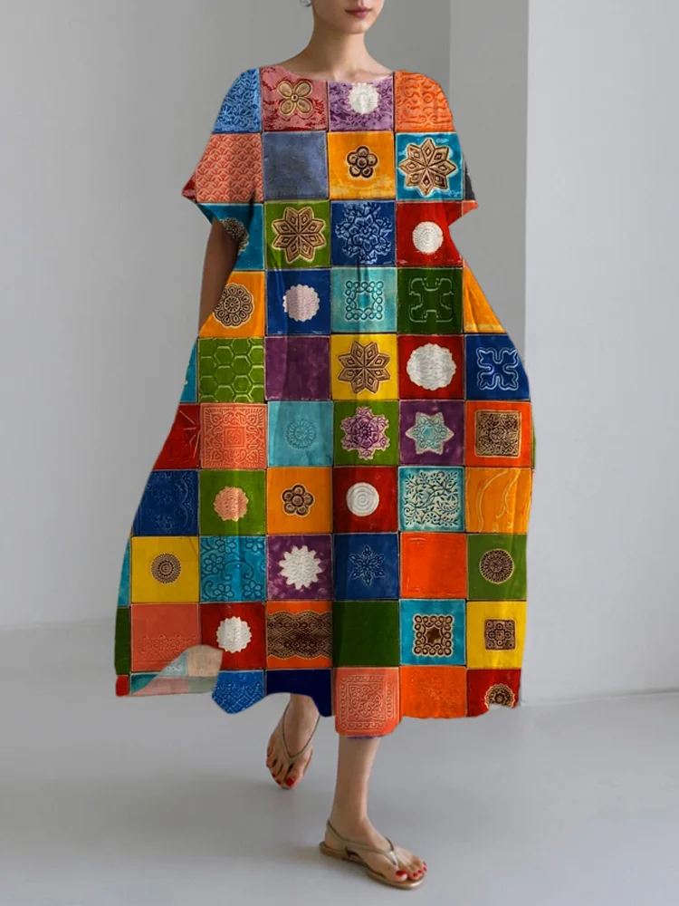 Colorful Floral Print Women's Linen Maxi Dress