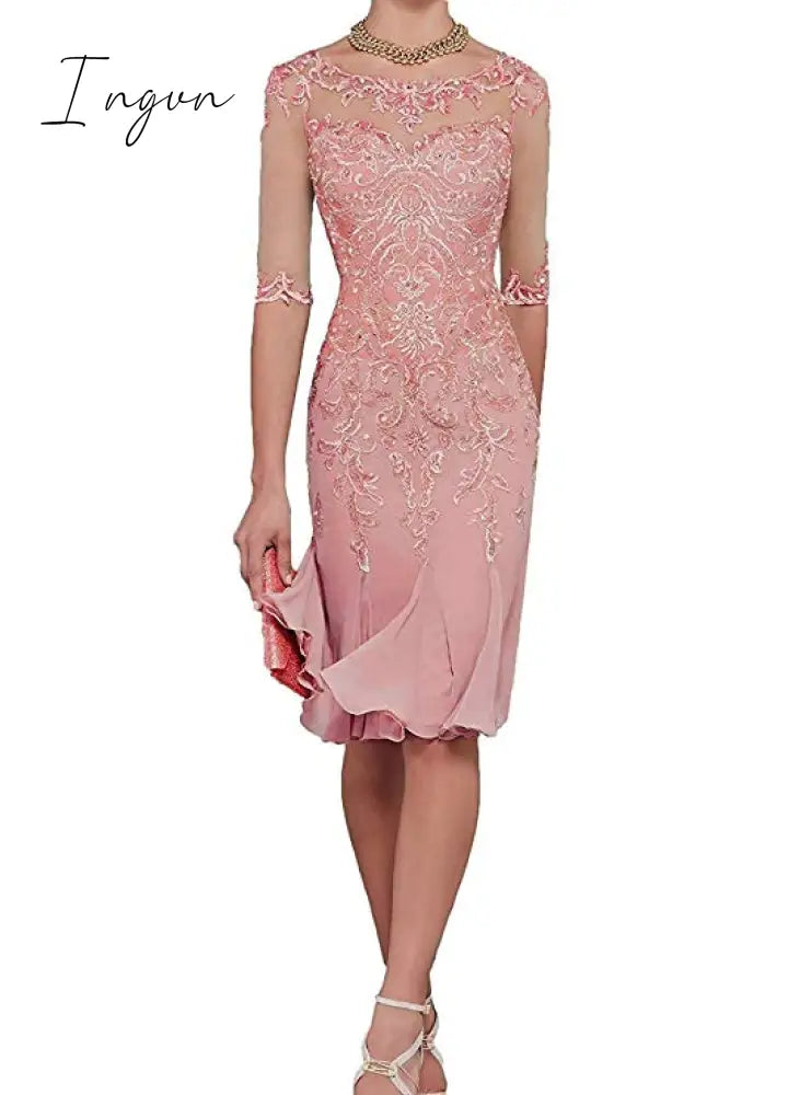 Ingvn - Half Sleeves Chiffon Mother Of The Bride Dresses Knee Length Formal Dress Party Dinner Prom