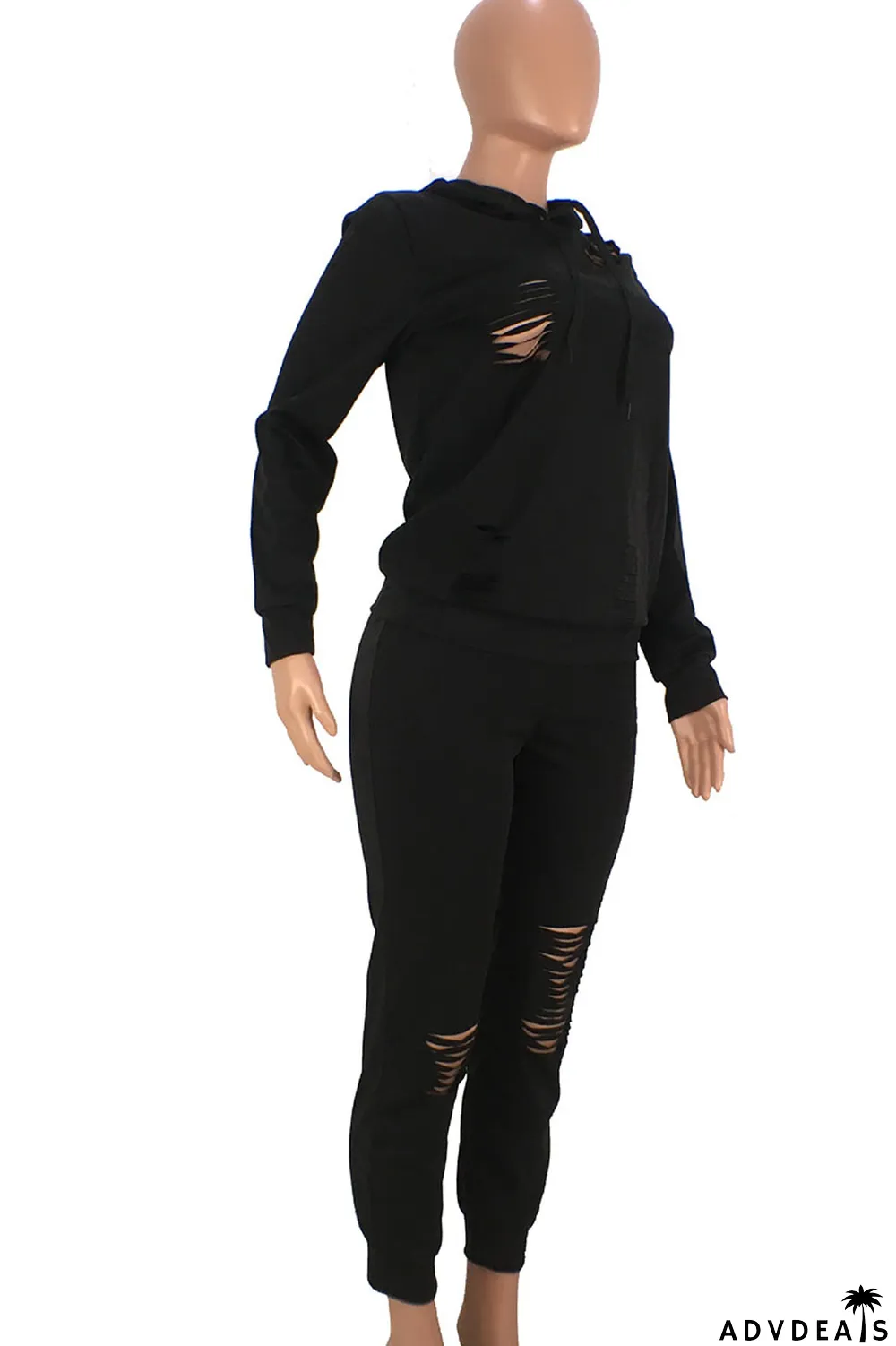 Brown Fashion Solid Ripped Hooded Collar Long Sleeve Two Pieces