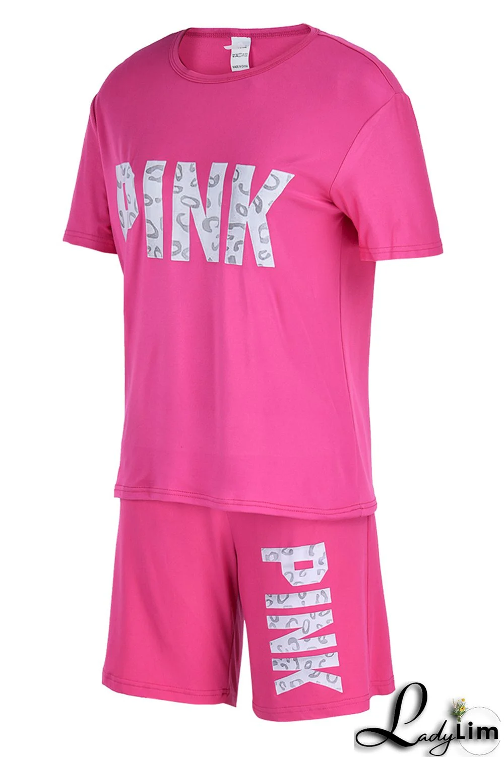 Rose Red Fashion Casual Letter Print Patchwork O Neck Short Sleeve Plus Size Two Pieces