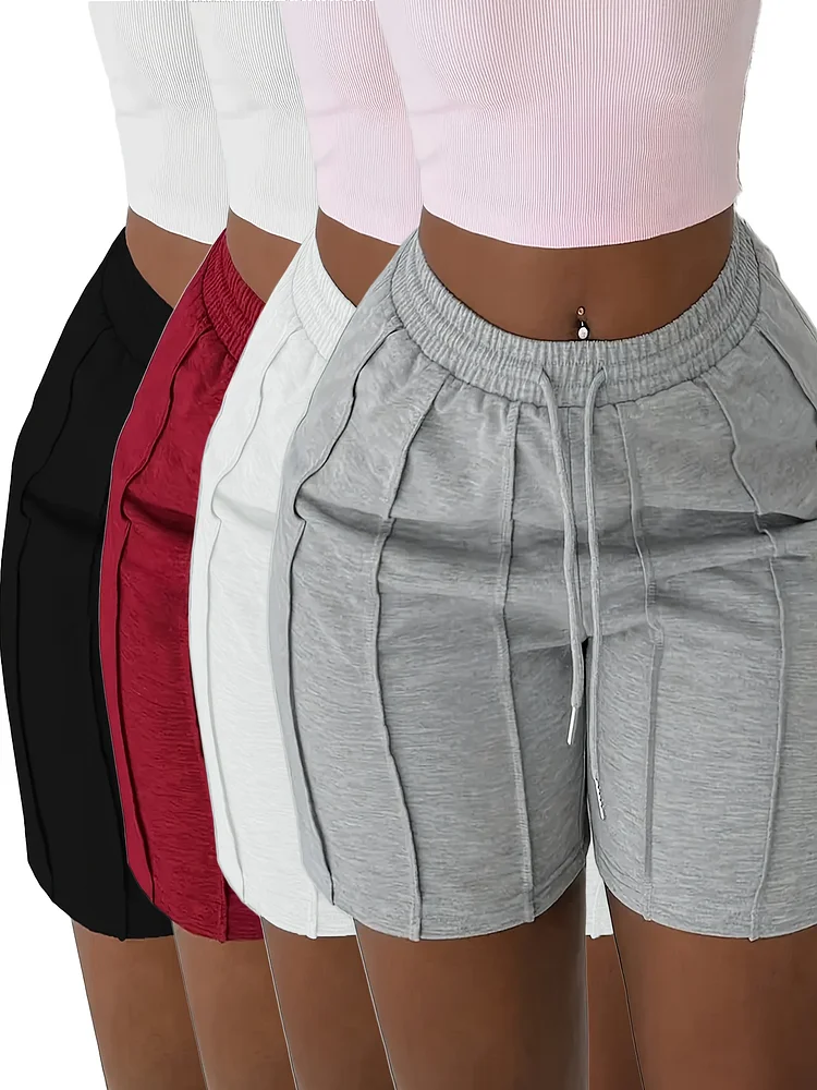 4 Pack) Solid Color Drawstring Shorts Casual Elastic Waist Slant Pocket Shorts Spring Summer Women's Casual Style Spring/Summer/Autumn
