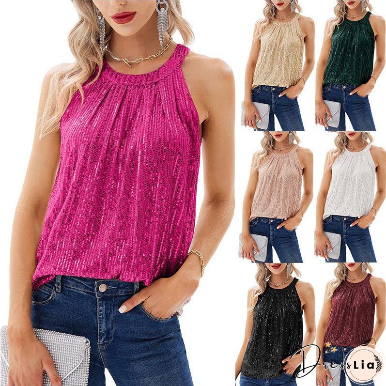 Women's Summer Solid Color Halter Sequined Slightly Tops