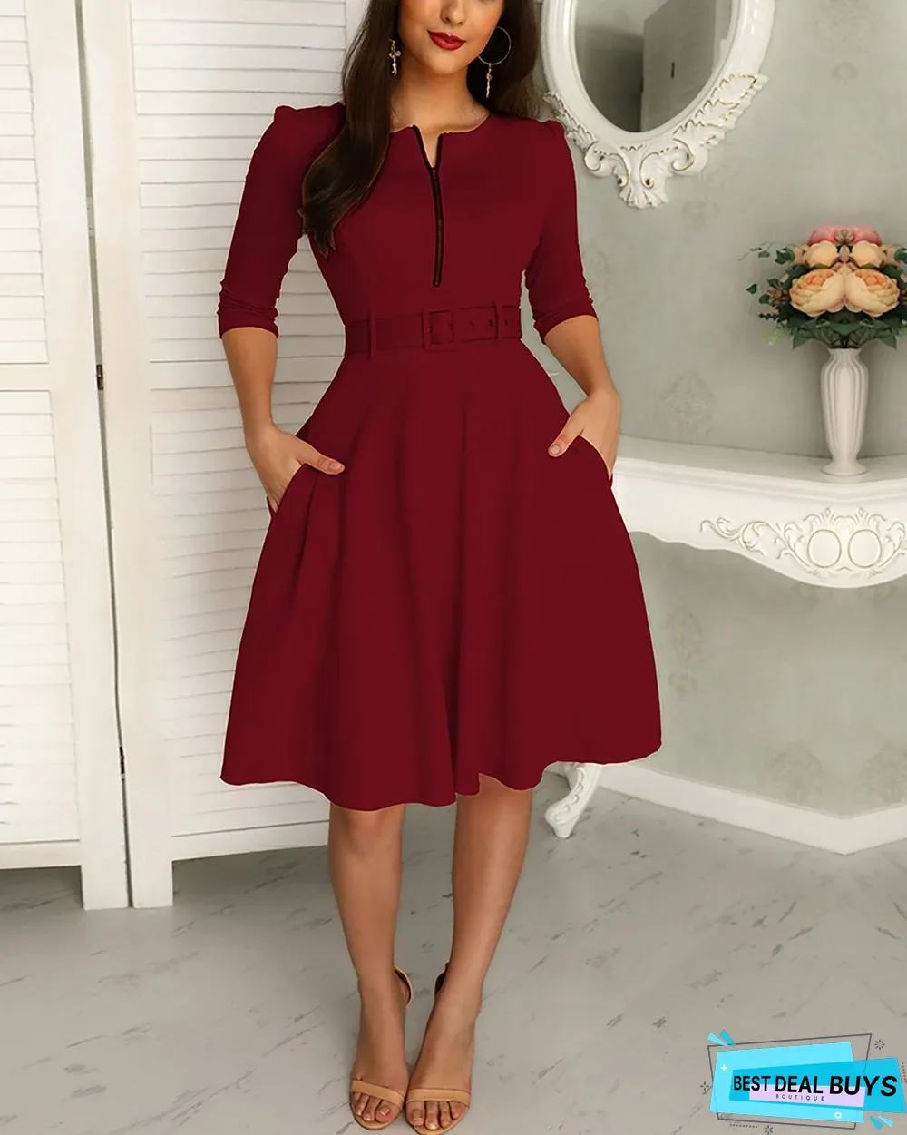 Solid Zipper Up Belted Pleated Casual Dress