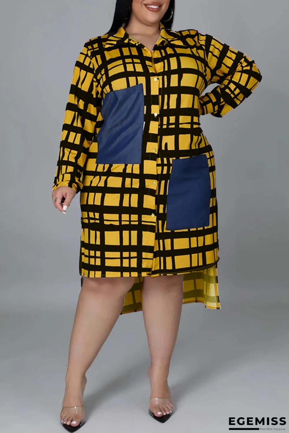 Yellow Fashion Casual Plus Size Plaid Print Patchwork Turndown Collar Shirt Dress | EGEMISS