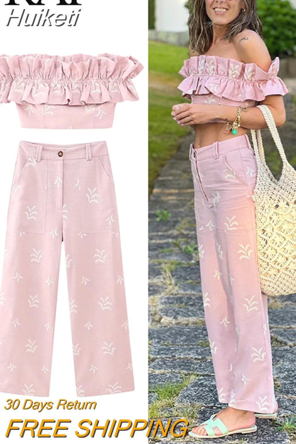 Huiketi Women Fashion Summer Autumn Casual Wide Leg Pants Pink Embroidery With Pocket Button Zipper Female Full Length Pants Street