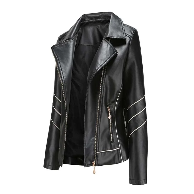Autumn Winter Black Faux Leather Jackets Women Long Sleeve Plus Size Zipper Basic Coat Turn-down Collar Motor Biker Jacket