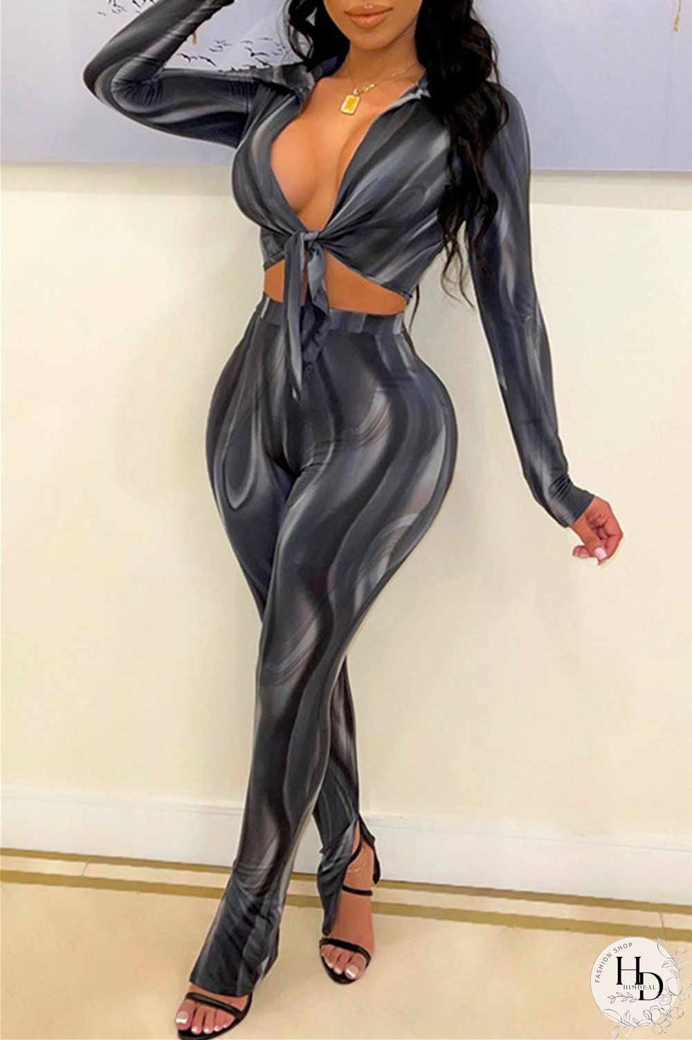 Rose Red Blue Sexy Casual Print Bandage Turndown Collar Long Sleeve Two Pieces