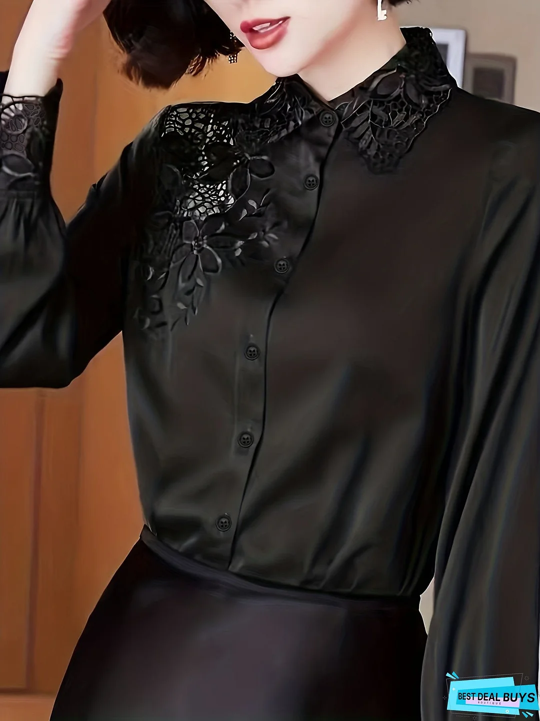 Hollow Out Button Up Shirt, Long Sleeve Casual Top For All Season, Women's Clothing