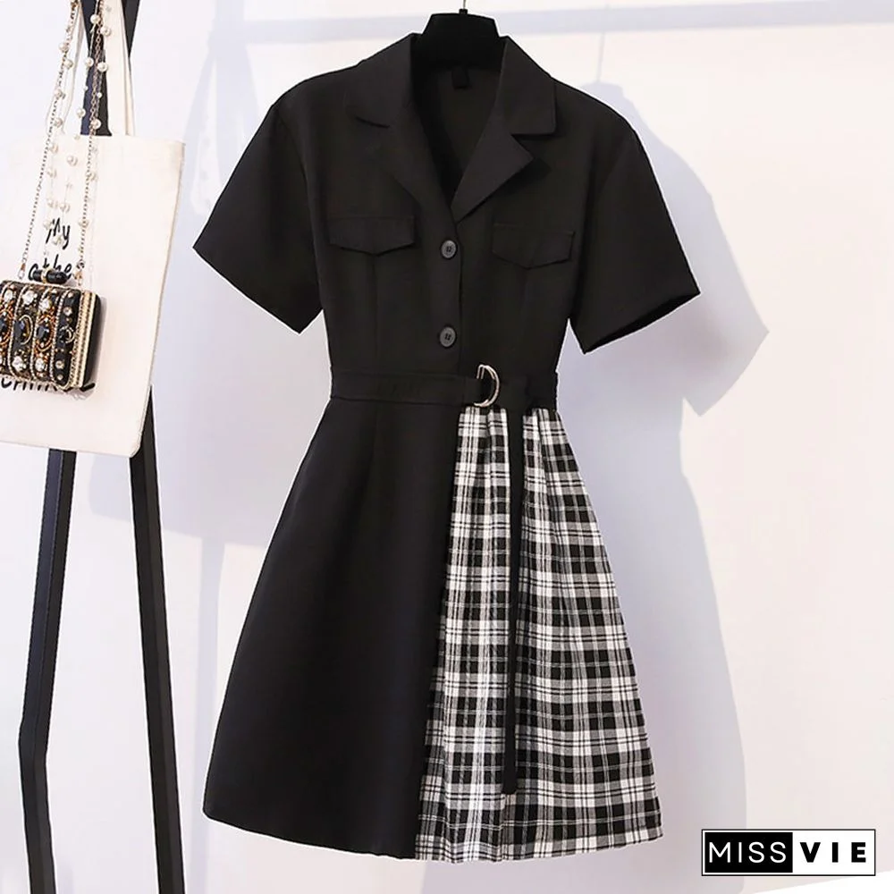 Belted Lapel Lattice Pleated Dress