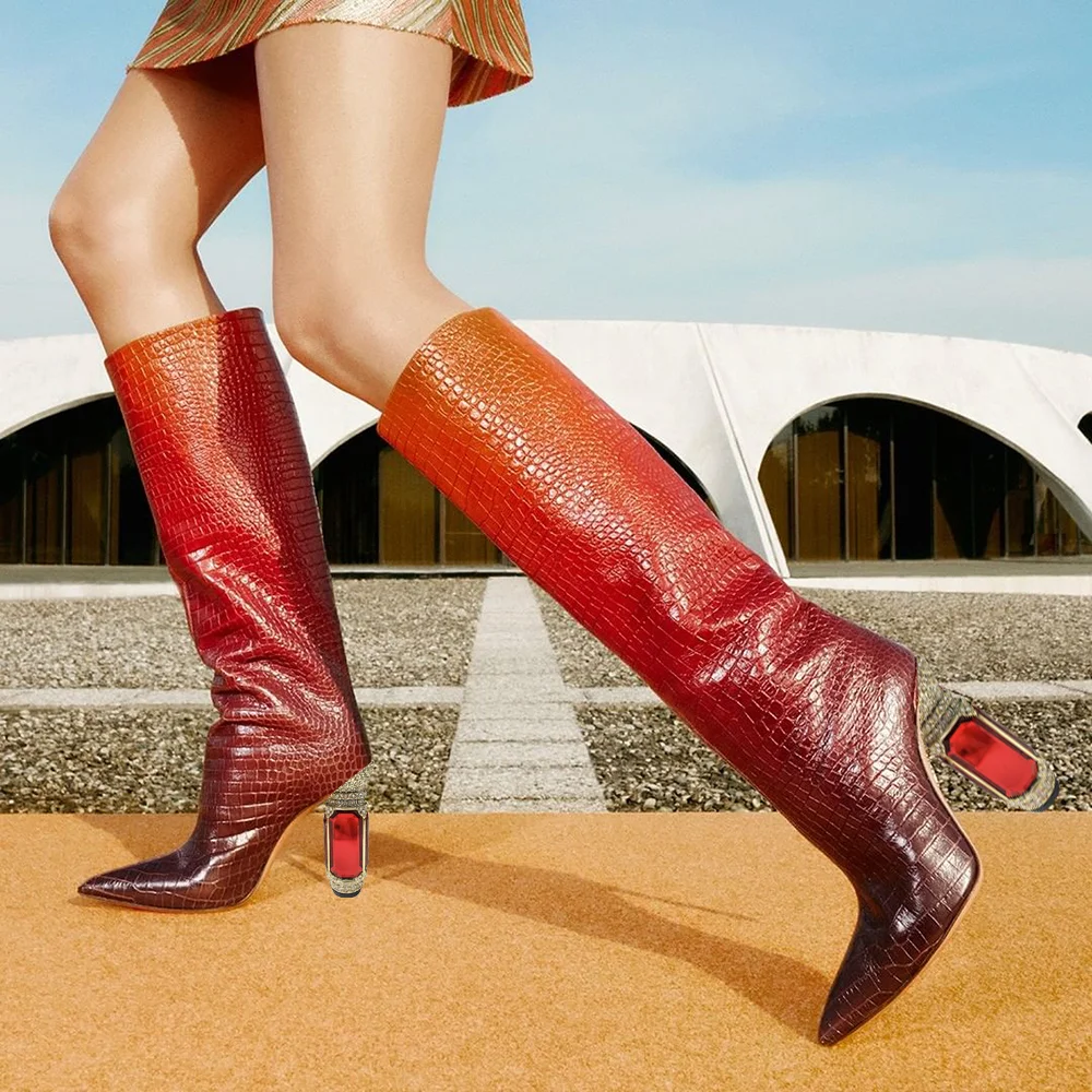 High Heeled Calf Boots Decorated Heel Red Pointed Boots