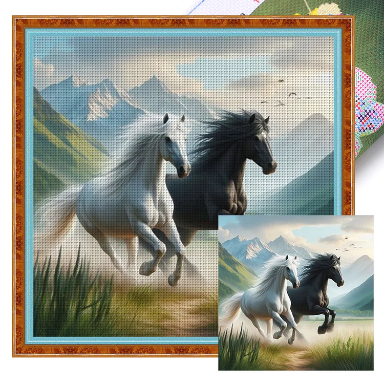 Running White And Black Horses (40*40cm) 11CT Stamped Cross Stitch gbfke