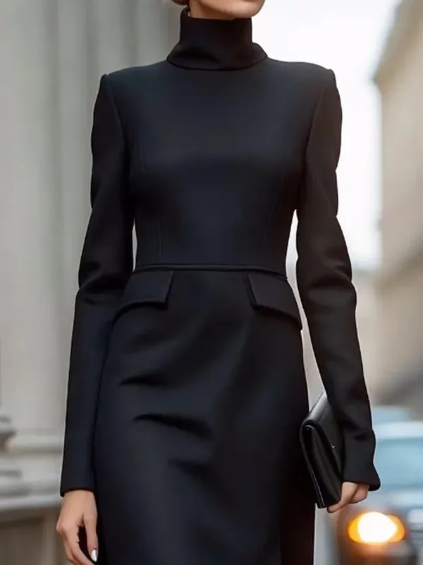 Feather Solid High Neck Midi Dress Black main image 1