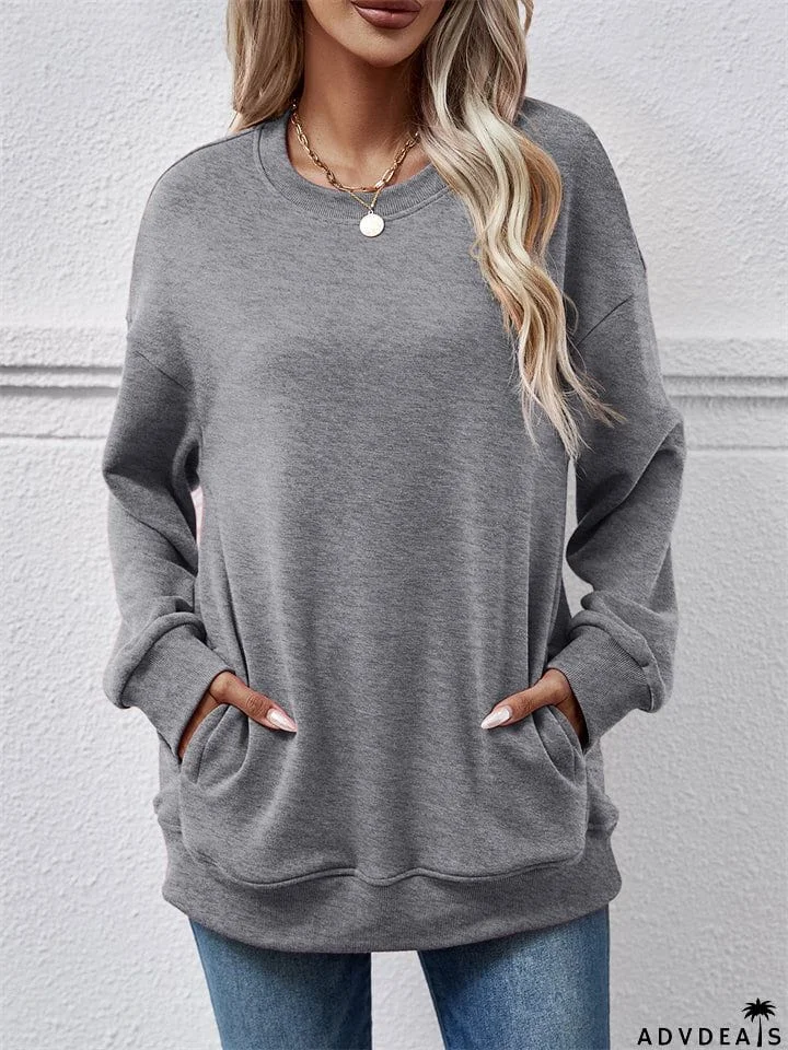 Women's Fleece Loose Round Neck Pocket Tops Hoodies