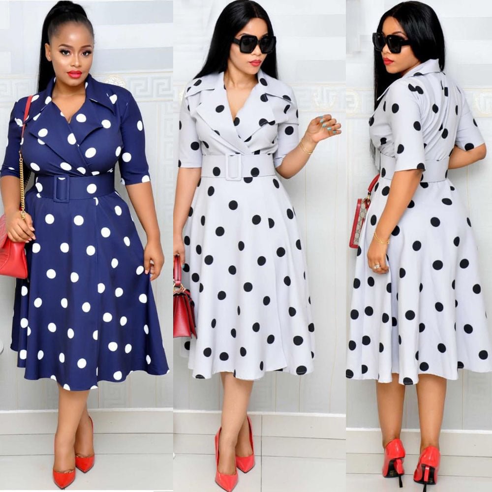 African Fashion Tailored Collar Polka Dot Mid-sleeve Stitching Plus Size Large Swing Wide Belt Dress